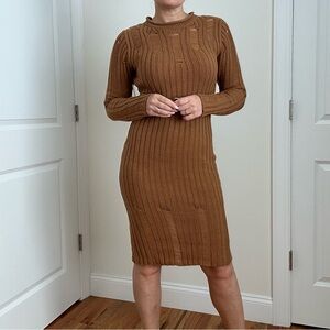 Rib Knit Long Sleeve Knee Length Body Con Dress